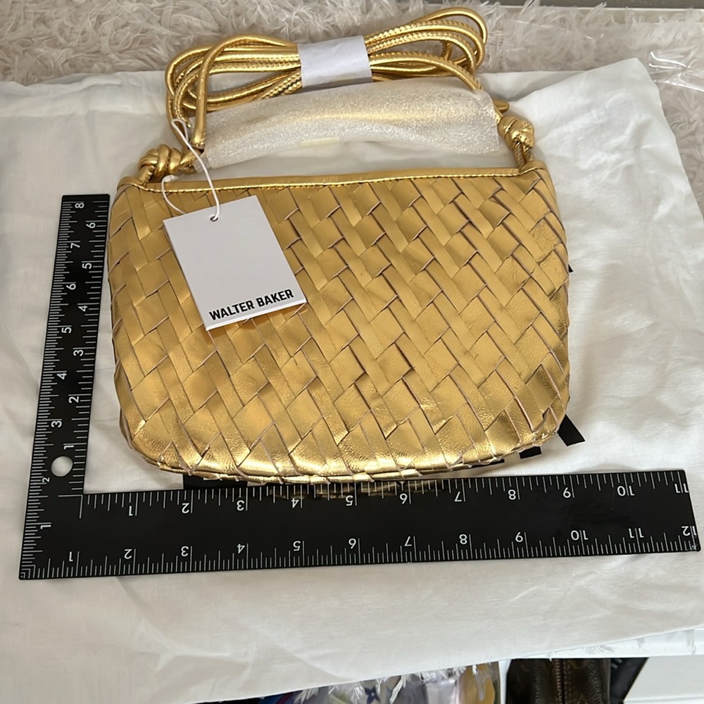 Walter Baker Mini Hazel Woven Gold Leather Top Handle Crossbody Bag - Picture 11 of 12